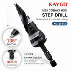 KAYGO M35 Step Drill Bit for Metal, 3/16 to 7/8 inch Step Drill Bits for Stainless Steel Aluminum Wood Plastic,1/4 -inch Hex Shank,Spriral Drouble-Fluted
