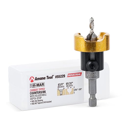 Amana Tool 82 Degree Countersink with Drill Bit Depth Stop and No-Thrust Ball Bearing, 55229, 3/8 D x 5/32 Drill D x 1/4 Inch Quick Release Hex Shank