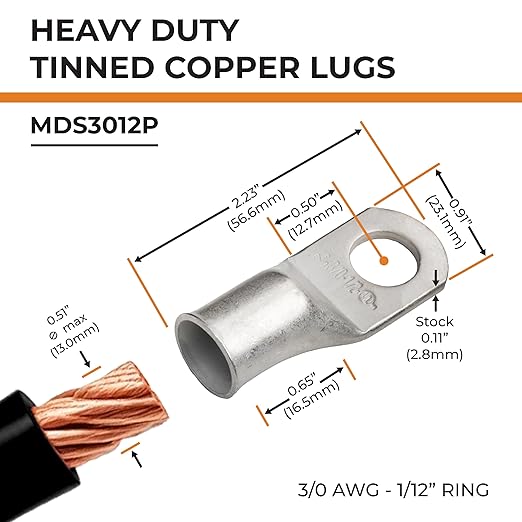 SELTERM 2pcs 3/0 AWG 1/2" Stud Tinned Copper Wire Lugs, Ring Terminals, Battery Cable Ends, 000 Gauge Ring Terminal Connectors, UL Marine Grade Electrical Terminal Connectors