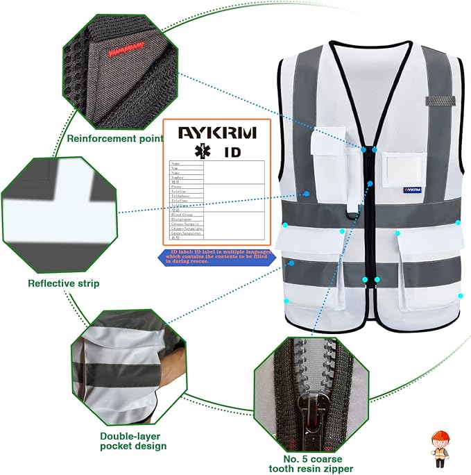 A-SAFETY XSmall White High Visibility Safety Vest with 4 Reflective Strips 7 Pockets,White X-Small
