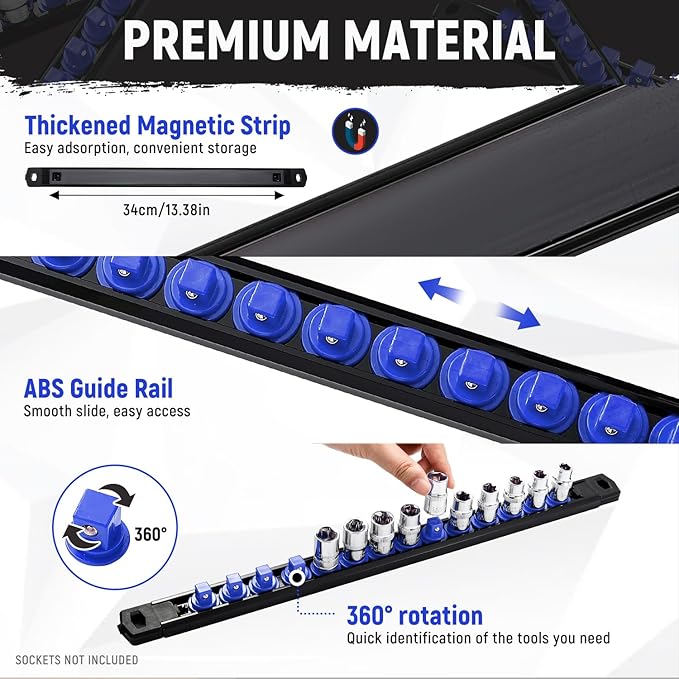 Magnetic Socket Organizer, 1-Piece Heavty Duty ABS Socket Holder, Socket Rail for Tool Box, Premium Quality 360° Swivel Socket Rack with 14 Clips for 3/8-Inch(Blue)