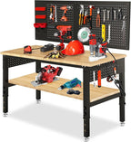 48“ Adjustable Height Workbench Work Bench for Garage Work Table with Under Table Shelf Heavy Duty Rubber Wood Top for Shop Woodworking, Office, Home, Commercial