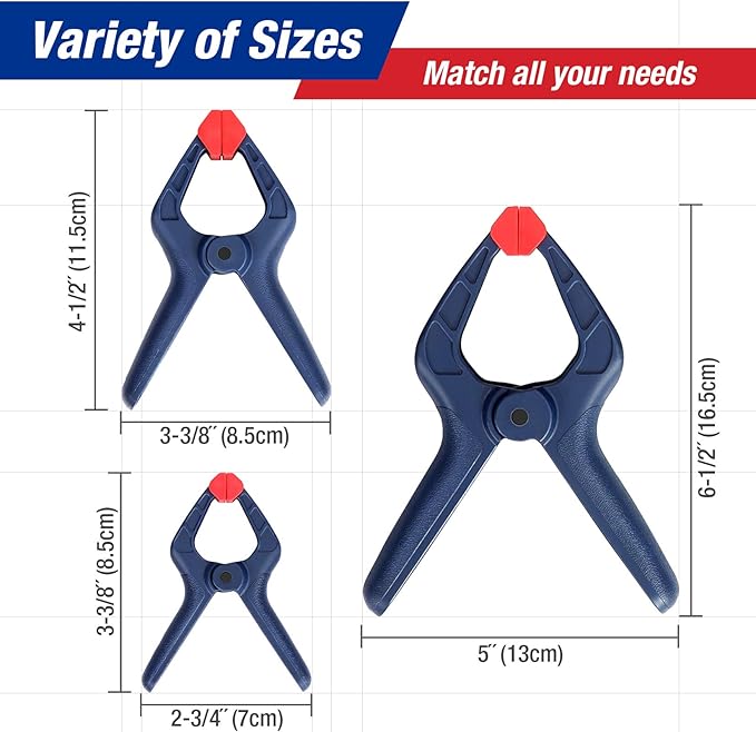 WORKPRO Spring Clamp Set, 16-Piece Nylon Spring Clamp Set, Including 4pc 6-1/2", 6pc 4-1/2", 6pc 3-3/8", for Woodworking, Photography Studios and DIY Works (Blue)