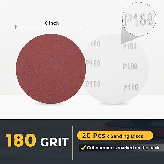 HARFINGTON 20 Pcs 6 Inch Sanding Disc 180 Grit Hook and Loop Sandpaper Random Orbital Sander Pads for Woodworking Automotive Metal Polishing