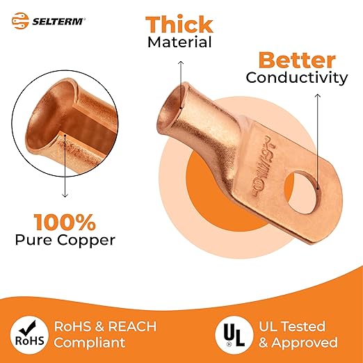 SELTERM 25pcs 6 AWG 1/4" Stud (Wide Pad) Battery Lugs, Ring Terminals, Heavy Duty Copper Wire Lugs, Battery Cable Ends, 6 Gauge Ring Terminal Connectors, UL Bare Copper Eyelets Battery Cable Lugs