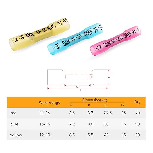 Nilight 200PCS Heat Shrink Butt Connectors – Waterproof Wire Connectors - Automotive Marine Grade Electrical Terminals – Crimp Butt Splice Terminal Kit
