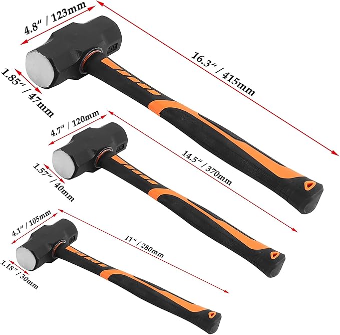 JOIKIT 3 PCS 2lbs 3lbs 4lbs Sledge Hammer Set, Drilling Crack Hammer with Forged Steel Head and Non-Slip Shock Absorbing Grip, Solid Construction for Demolition Work