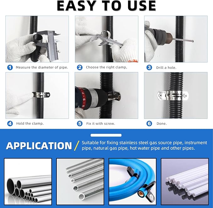 Glarks 50Pcs M8 Pipe Strap Clamp, 304 Stainless Steel 2 Hole Strap Heavy Duty Rigid Pipe Strap U Bracket Tube Strap Cable Clamp Hanger Tension Tube Clip for Pipe Tube Cable Fixing (40mm (1-1/2"))