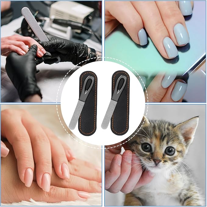 Metal Nail File, Stainless Steel Fingernail Files Double Sided Grit Nail Filer with Leather Cases and Non Slip Handle (2 Pack 3.6IN Gunmetal Files with PU Cases)