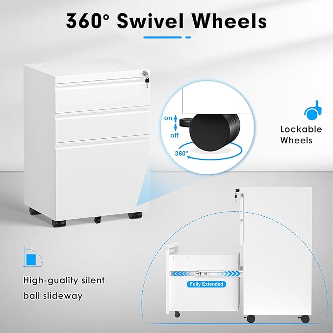 Superday 3 Drawer Mobile Locking File Cabinet, Metal Rolling Vertical File Cabinet with Drawers, Small Under Desk Lateral Cabinets for Office and Home, Fully Assembled Except