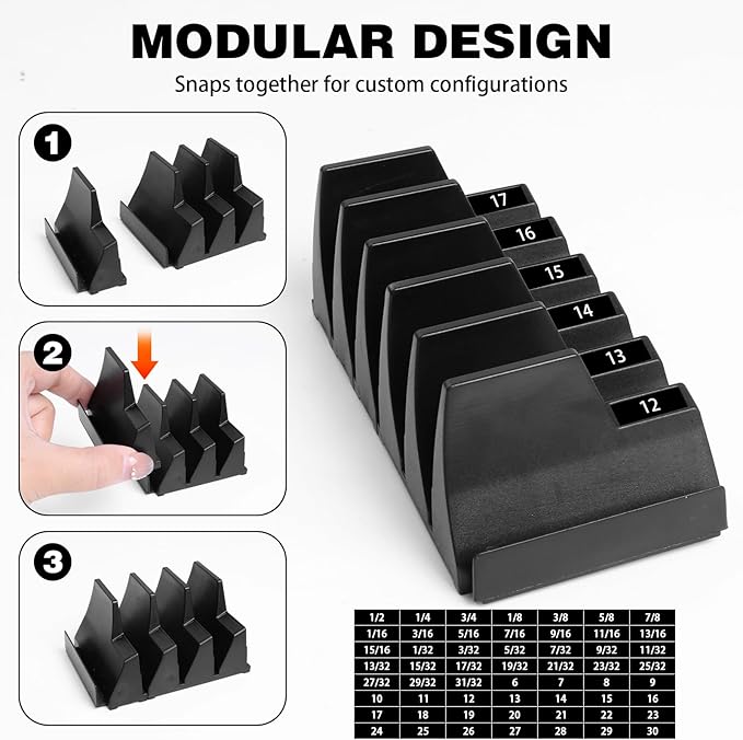 50 pcs Magnetic Modular Wrench Organizers for Tool Drawers, Black Tool Organizers- Wrench Rack with Metric & SAE Labels, Customizable Magnet Tool Storage Holder Festival for Mechanics