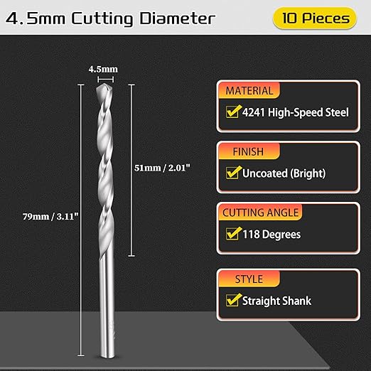 Drill Bit, 4.5mm Cutting Diameter, 4241 HSS 118° Cutting Angle Uncoated Bright Versatile Jobber Bits - (Applications: for Drilling Plastic Wood Soft Metal), 10-Pieces