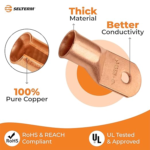 SELTERM 2pcs 4/0 AWG (XL) 5/16" Stud Copper Wire Lugs, Battery Lugs, Ring Terminals, Battery Cable Ends, 0000 Gauge Ring Terminal Connectors, UL Heavy Duty Bare Copper Eyelets Battery Cable Lugs