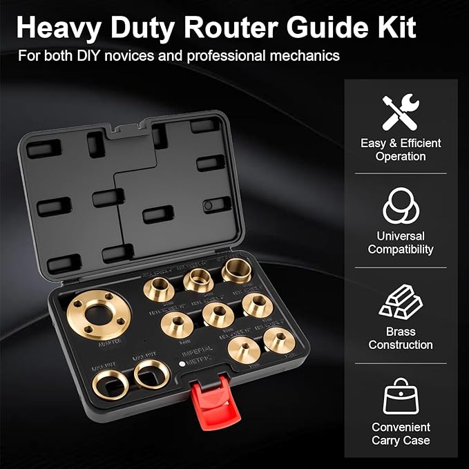 11Pcs Brass Router Bushing Guide Set, Router Template Guide with Lock Nut Adapter, Compatible with Porter Cable Style Router Sub-Bases, for Dovetailing, Cut Out Work & Woodworking Router Accessories