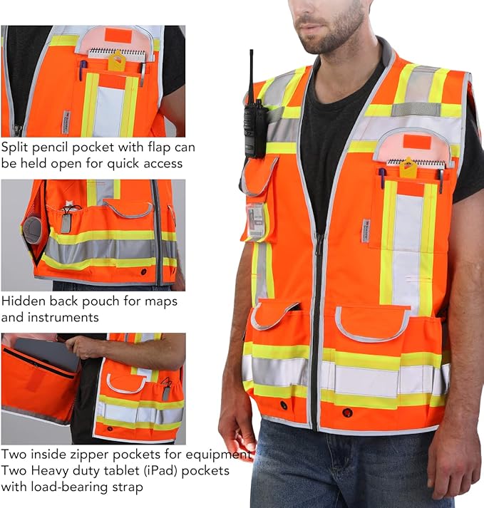 Dib Safety Reflective Vest Heavy Duty, High Visibility Two Tone Engineer Vest, Made with 3M Tape, Padded Collar, Retractable ID Pocket, Orange XL