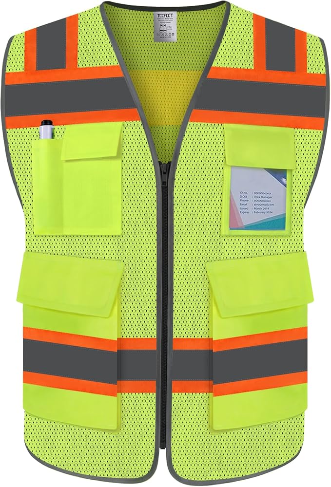 TCCFCCT Reflective Vest 5 Pockets Mesh Safety Vest with Reinforced Zipper, High Visibility Surveyor Work Vest for Men Women with Fluorescent Orange Edge, Durable to Use, Meets ANSI/ISEA,DW-Yellow, 4XL