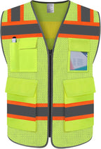 TCCFCCT Safety Vest for Men Women 5 Pockets Mesh High Visibility Reflective Vest with Reinforced Zipper, Durable Construction Work Vest with Fluorescent Orange Edge, Meets ANSI/ISEA, DW-Yellow, L