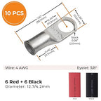 SELTERM 10pcs - 4 Awg - 3/8" Stud - Battery Lugs - Ring Terminal Connectors | with 12pcs 3:1 Black & Red Heat Shrink Tubing with Adhesive | Heavy Duty Battery Cable Ends - Tinned Copper Wire Lugs Kit