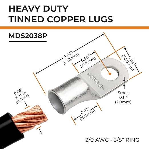 SELTERM 25pcs 2/0 AWG 3/8" Stud Marine Grade Tinned Copper Battery Cable Lugs, 00 Gauge Ring Terminals, UL Wire Lugs Electrical Battery Cable Ends, Tinned Copper Lugs Battery Terminal Connectors