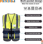 A-SAFETY High Visibility Mesh Safety Reflective Vest with Pockets and Zipper,Hi Vis Viz Reflective Safety Vest(Yellow&Navy Mesh L)