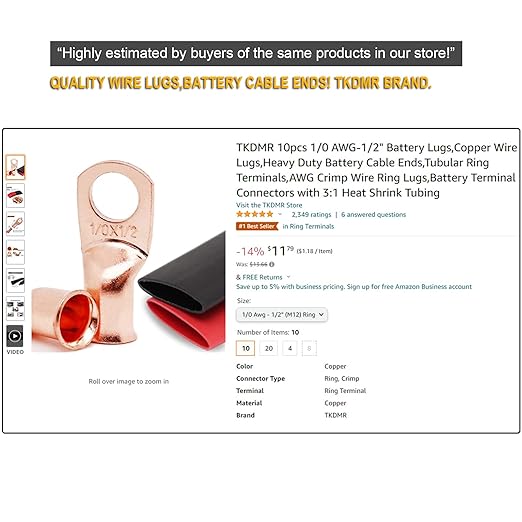 TKDMR 10pcs 1 Awg-3/8 Ring Marine Grade Copper Wire Lugs,with 3:1 Heat Shrink Tubing,UL Battery Cable Ends,Heavy Duty Cable Lugs,Tinned Copper Eyelets,Tubular Ring Terminals