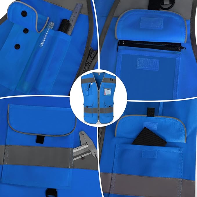 TCCFCCT High Visibility Safety Vest for Men Women 9 Pockets Hi Vis Reflective Vest for Safety, Work Vest with Reflective Strips, Meets ANSI/ISEA Standards, (Blue, 5X-Large)
