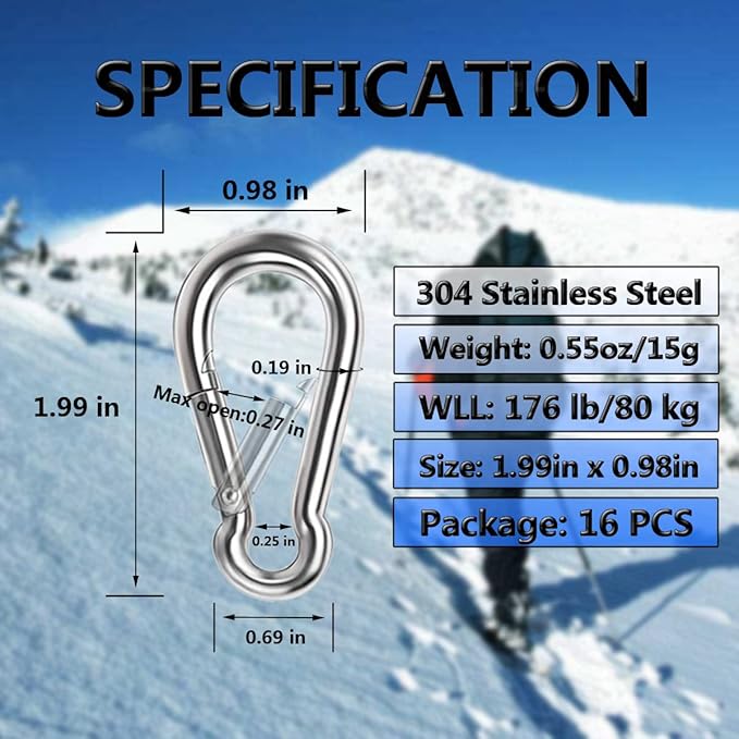 Spring Snap Hooks, 304 Stainless Steel Metal Clip Heavy Duty Rope Connector Small Snap Clamp Key Chain Link Buckle for Hammock Swing Set Outdoor Travel Camping Fishing Hiking