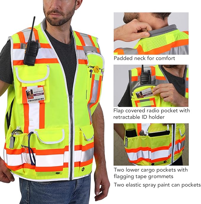 Dib Safety Reflective Vest Heavy Duty, High Visibility Two Tone Engineer Vest, Made with 3M Tape, Padded Collar, Retractable ID Pocket, Yellow M