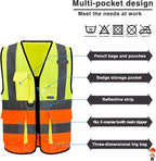 A-SAFETY Industrial Safety Vest, Hi Vis 9 Pockets High Visibility Zipper Front Reflective Safety Vest, Orange&Yellow Color Mixed, XL