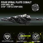 M35 Cobalt Step Drill Bit Four Spiral Flute, 3/16"-7/8" (12 Step Sizes) - Ideal for Metal, Stainless Steel, Wood, Plastic - 1/4" Hex Shank