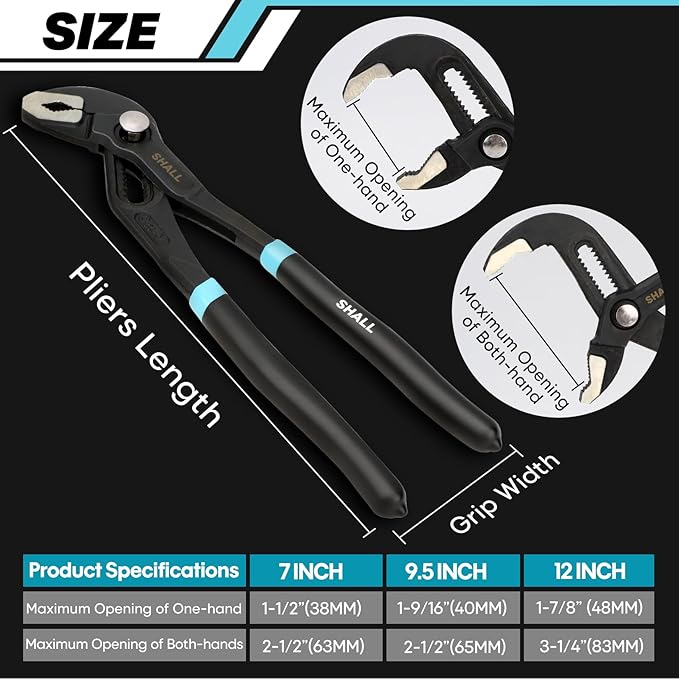 SHALL 3-Piece Groove Joint Pliers Set (12, 9-1/2, 7 Inch), Push-Lock Water Pump Pliers In Cr-v Steel, Fast Adjustable Tongue and Groove Pliers with Tool Roll Bag for Home Repair & Plumbing