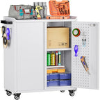 Metal Storage Cabinet with 2 Doors and 4 Hooks,34" H Top Workbench Mobile Tool Chests Garage Cabinets with 4 Wheels and Lock/Push Arm for Home,Office,Shop(White)