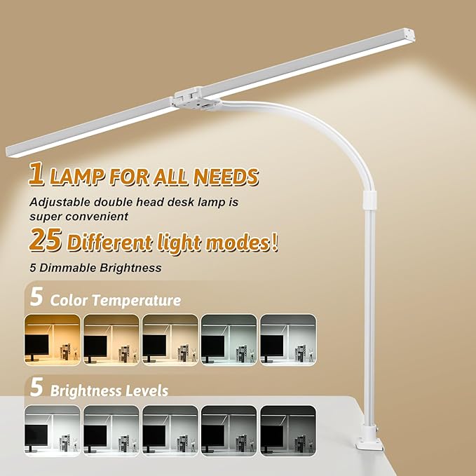 LED Desk Lamp for Office Dorm Home - Eye Caring Desk Light with Timer, Remote Control 24W 5 Color Brightest Dual Screen Computer Monitor Gooseneck Dimmable Table lamp with Anti-Glare Cover Base
