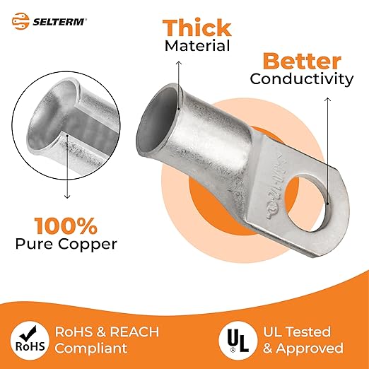 SELTERM 10pcs 3/0 AWG-1/2 Stud Tinned Copper Wire Lugs, Heavy Duty Cable Ends, 000 Gauge Ring Terminals, UL Battery Lugs Marine Grade Copper Eyelets Electrical Terminal Connectors