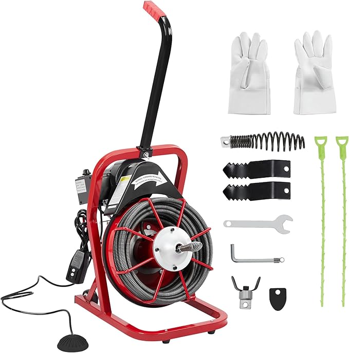 50Ft 3/8 Inch Electric Drain Cleaner Machine Auto Feed Drain Auger for 1 to 4 Inch Pipes Professional Sewer Snake with 4 Cutters Gloves Heavy Duty Clog Remover