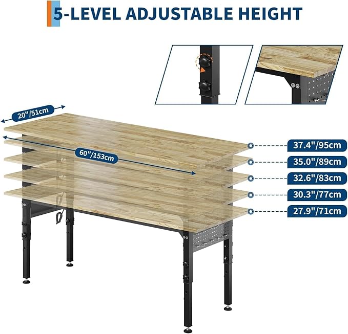 Adjustable Heavy Duty Wood Top Tool Bench Work Bench, 60'' Workbench with Power Outlet, 2000 Lbs Load Capacity Rolling Work Table with Wheels for Home Office Workshop Garage