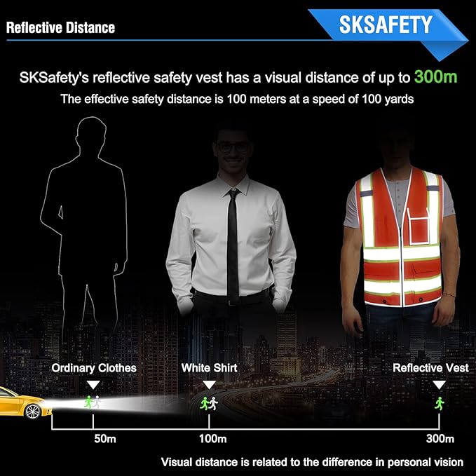 SKSAFETY 10 Pockets Safety Vest, Class 2 High Visibility Security with Zipper, Hi Vis Vest with Reflective Strips, ANSI/ISEA Standard, Construction Work Vest for Men ＆ Women （Orange, XL）