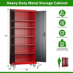 71" Metal Storage Cabinet with Wheels and Pegboard, Lockable Rolling Steel Storage Cabinet with 5 Adjustable Shelves and Door for Garage, Office, Kitchen, Assembly Required,Black and red