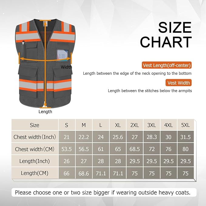 TCCFCCT Safety Vest for Men Women 5 Pockets Mesh High Visibility Reflective Vest with Reinforced Zipper, Durable Construction Work Vest with Fluorescent Orange Edge, Meets ANSI/ISEA, DW-Grey, 3XL