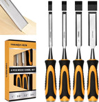 4-Piece Wood Chisel Set, Carbon Steel Blades with Ergonomic Handle, 3/8" 1/2" 3/4" 1" for Woodworking, Durable Metal Strike Cap (5-inch Handle for Comfortable Grip)