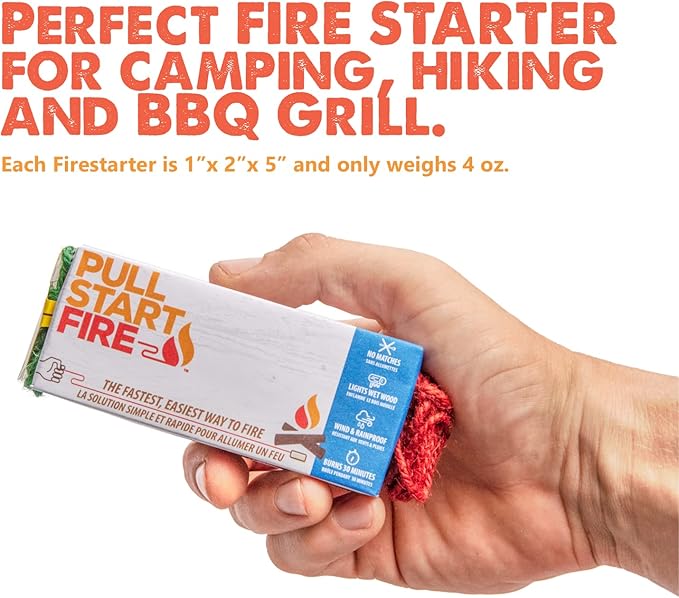 Pull Start Fire Pull String Firestarter | No Matches Required, Fire Starts in Seconds | for Campfires, Grill, Fireplace, BBQ | Lights Wet Wood, Easy to Use, Food Safe and Weather Resistant