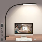 ShineTech LED Desk lamp with Clamp, 4000K Natural White 11 Brightness Level Eye-Caring Clip Lights for Home Office, Flexible Gooseneck USB Adapter, Black