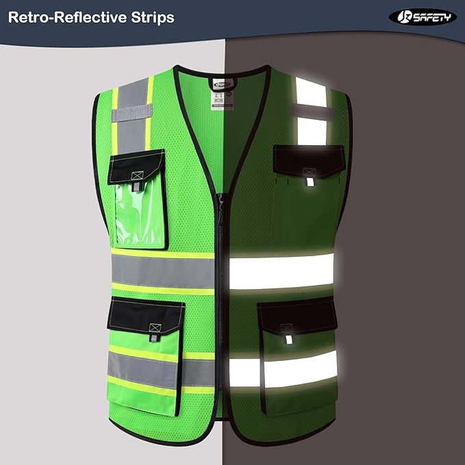 JKSafety Hi Vis Reflective Safety Vests for Men Women High Visibility Vest with Pockets Mesh Fabric Construction Safety Apparel Neon Vest for Work (220-Green XL)