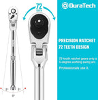 DURATECH 3-Piece Flex-Head Ratchet Set, 1/4", 3/8", 1/2" Drive Ratchet, 72-Tooth with Quick-Release Reversible Design, Chrome Alloy Made, Fully Polished, Organized in Storage Case