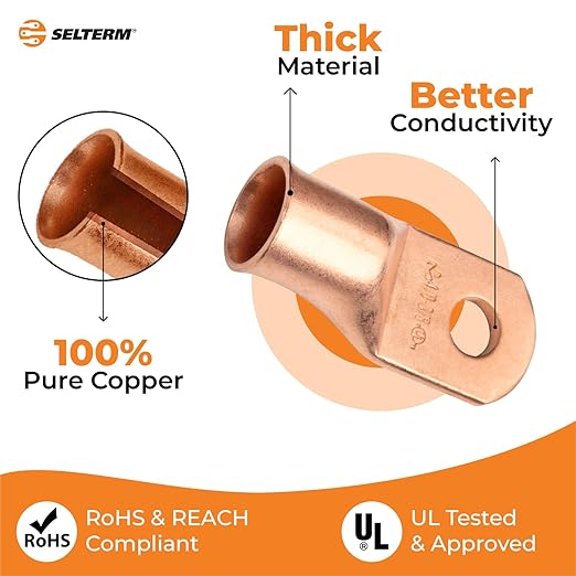 SELTERM 10pcs 4/0 AWG - 3/8" Stud - Battery Lugs, Heavy Duty Copper Wire Lugs, Ring Terminals, Battery Cable Ends,0000 Gauge Terminals, UL Bare Copper Eyelets Electrical Battery Terminal Connectors