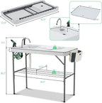 Dragosum Outdoor Sink Fish Cleaning Table Portable Camping Table with Faucet Hose Hook Up Grid Rack, Fish Fillet Camping Sink Table with 7pc Fish Cleaning Kit for Picnic Beach Patio(Grey)