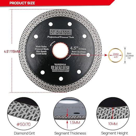 DT-DIATOOL Diamond Granite Blade 4-1/2 Inch for Marble Porcelain Tile Ceramic Diamond Cutting Disc with Mesh Turbo Diamond Segments