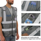 Dib Safety Reflective Vest High Visibility with Pockets and Zipper, Gray M