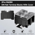 2Pcs DIN Rail Terminal Blocks with Cover, IN60BK 600V 90A 22mm² Electrical Connection Terminals, 4Pcs 14-12 AWG Insulated Fork Spade Wire Connectors & 3.15 Inch DIN Rail Included
