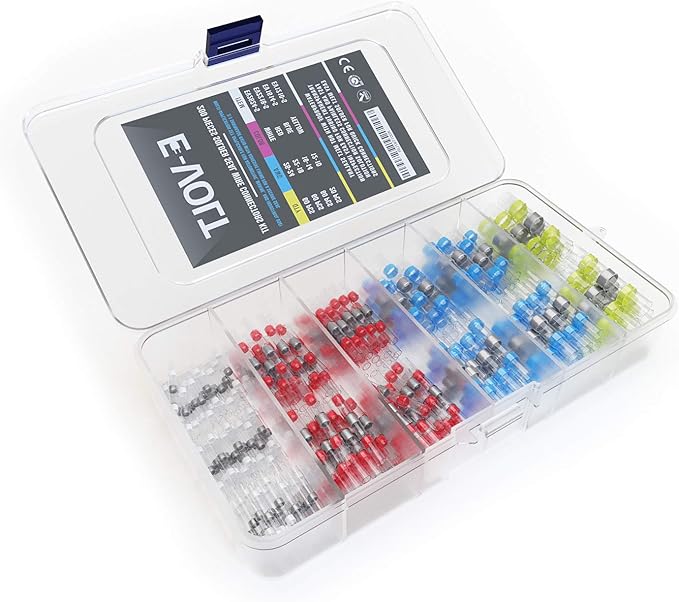 E-VOLT 200 PCS Solder Seal Wire Connectors Low Temp Soldering Heat Shrink Butt Connector Terminals - Electrical Waterproof Insulated Marine Automotive Trailer White, Red, Blue, Yellow